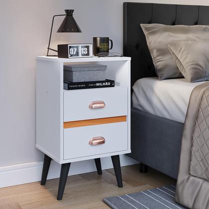 Imagem de Kit 2 Mesas Cabeceira Retrô Mesinhas Gavetas Organizadoras Puxador Concha e Nicho Decorativo Canto Cama Quarto Casal Classic New - RPM