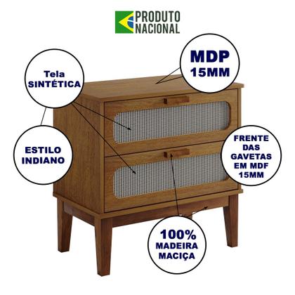 Imagem de Kit 2 Mesas de Cabeceira 2 Gavetas Santorini Amêndoa 60 Cm com Tela Indiana