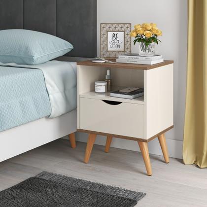 Imagem de Kit 2 Mesas de Cabeceira Grécia Moderna com 1 gaveta para quarto - Off White com Canela