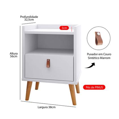 Imagem de Kit 2 Mesas de Cabeceira Jasmine Com Puxador Couro 1 Gaveta Pés Palito - Cores - JM Casa dos Moveis