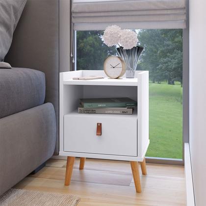 Imagem de Kit 2 Mesas de Cabeceira Jasmine Com Puxador Couro 1 Gaveta Pés Palito - Cores - JM Casa dos Moveis