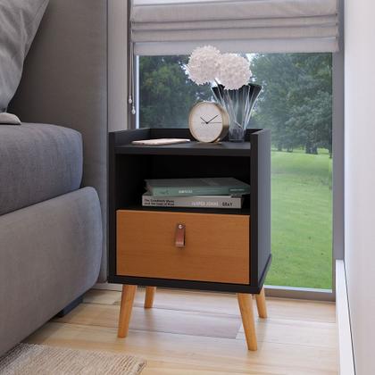 Imagem de Kit 2 Mesas de Cabeceira Jasmine Com Puxador Couro 1 Gaveta Pés Palito - Cores - JM Casa dos Moveis
