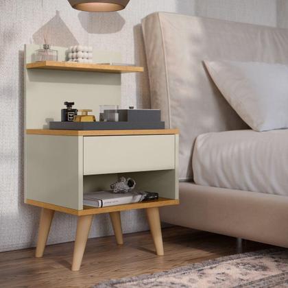 Imagem de KIT 2 Mesas De Cabeceira Modelo Sleep Com Gaveta Pés Retro Amadeirado Cor Off Nature