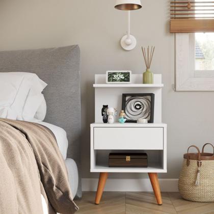 Imagem de Kit 2 Mesas de Cabeceira Para Quarto Pés Palito Retrô 1 Gaveta Sleep - Branco