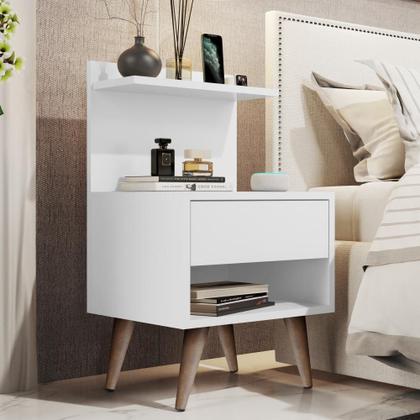 Imagem de Kit 2 Mesas de Cabeceira Para Quarto Pés Palito Retrô 1 Gaveta Sleep - Branco