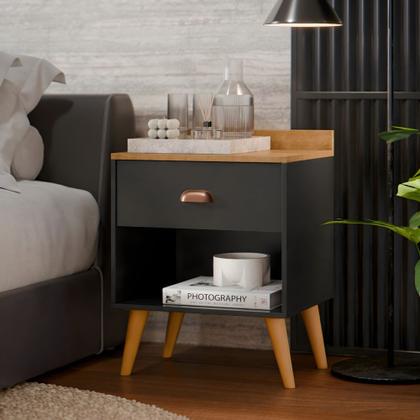 Imagem de Kit 2 Mesas de Cabeceira Pérola New com 1 gaveta e pés estilo retrô - Preto com Freijó
