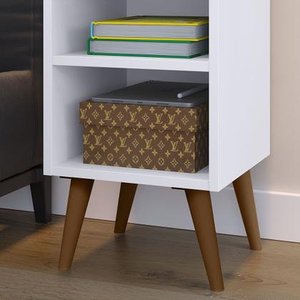 Imagem de Kit 2 Mesas de Cabeceira Pés Palito estilo retrô Maysa Com porta celular cor Branco - Comprar Móveis em Casa