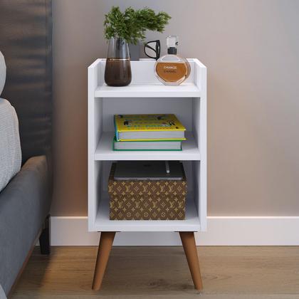 Imagem de Kit 2 Mesas de Cabeceira Pés Palito estilo retrô Maysa Com porta celular cor Branco - Comprar Móveis em Casa