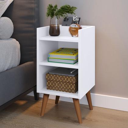 Imagem de Kit 2 Mesas de Cabeceira Pés Palito estilo retrô Maysa Com porta celular cor Branco - Comprar Móveis em Casa