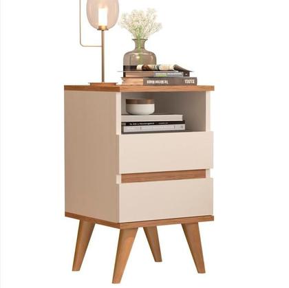Imagem de Kit 2 Mesas de Cabeceira Pop  Off White Design Retrô Pés Palito e 2 Gavetas 