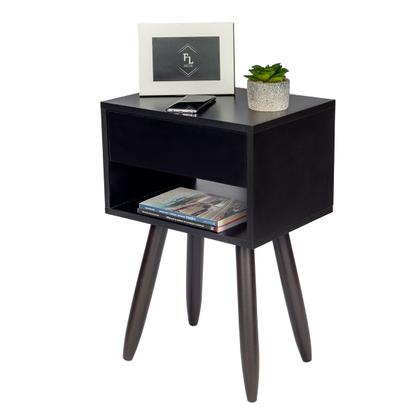 Imagem de Kit 2 Mesas de Cabeceira Preta Retrô 40cm Com Gaveta e Nicho Pés de Madeira Maciça Para Quarto Lateral da Cama - Enviado Montado