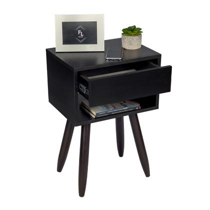 Imagem de Kit 2 Mesas de Cabeceira Preta Retrô 40cm Com Gaveta e Nicho Pés de Madeira Maciça Para Quarto Lateral da Cama - Enviado Montado