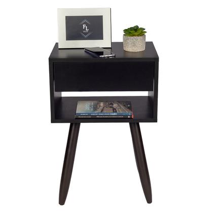 Imagem de Kit 2 Mesas de Cabeceira Preta Retrô 40cm Com Gaveta e Nicho Pés de Madeira Maciça Para Quarto Lateral da Cama - Enviado Montado