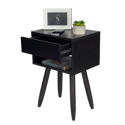 Imagem de Kit 2 Mesas de Cabeceira Preta Retrô 40cm Com Gaveta e Nicho Pés de Madeira Maciça Para Quarto Lateral da Cama - Enviado Montado
