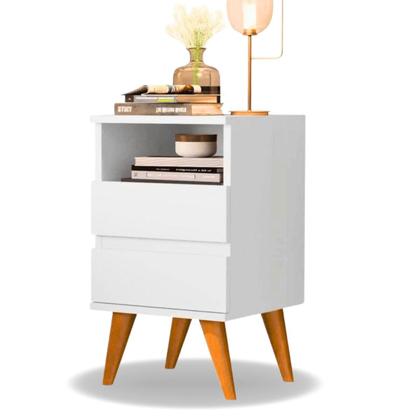 Imagem de Kit 2 Mesas de Cabeceira Quarto Apoio Lateral Cama Box Casal Estilo Decoração Retrô Pop 2 Gavetas - Branco/Nature