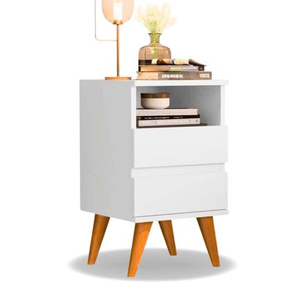 Imagem de Kit 2 Mesas de Cabeceira Quarto Apoio Lateral Cama Box Casal Estilo Decoração Retrô Pop 2 Gavetas - Branco/Nature