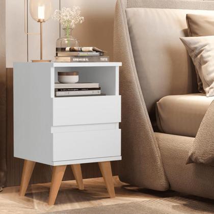 Imagem de Kit 2 Mesas de Cabeceira Quarto Apoio Lateral Cama Box Casal Estilo Decoração Retrô Pop 2 Gavetas - Branco/Nature