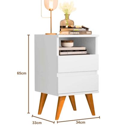 Imagem de Kit 2 Mesas de Cabeceira Quarto Apoio Lateral Cama Box Casal Estilo Decoração Retrô Pop 2 Gavetas - Branco/Nature