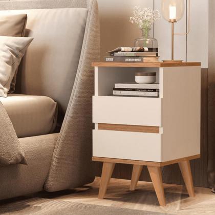 Imagem de Kit 2 Mesas de Cabeceira Quarto Apoio Lateral Cama Box Casal Estilo Decoração Retrô Pop 2 Gavetas - Offwhite/Nature