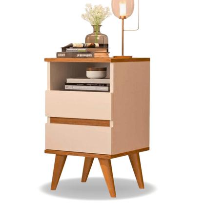 Imagem de Kit 2 Mesas de Cabeceira Quarto Apoio Lateral Cama Box Casal Estilo Decoração Retrô Pop 2 Gavetas - Offwhite/Nature