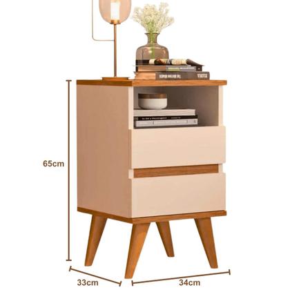 Imagem de Kit 2 Mesas de Cabeceira Quarto Apoio Lateral Cama Box Casal Estilo Decoração Retrô Pop 2 Gavetas - Offwhite/Nature