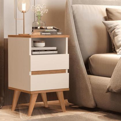 Imagem de Kit 2 Mesas de Cabeceira Quarto Apoio Lateral Cama Box Casal Estilo Decoração Retrô Pop 2 Gavetas - Offwhite/Nature