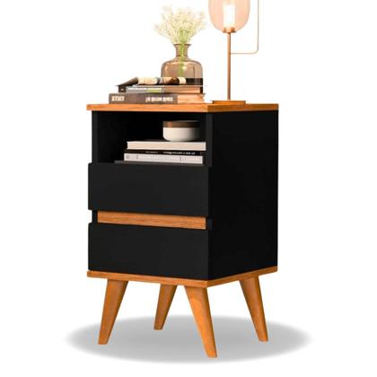 Imagem de Kit 2 Mesas de Cabeceira Quarto Apoio Lateral Cama Box Casal Estilo Decoração Retrô Pop 2 Gavetas - Preto/Nature