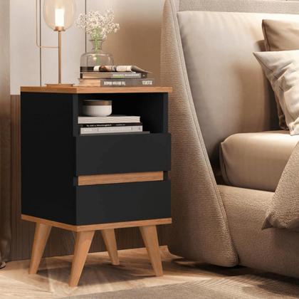 Imagem de Kit 2 Mesas de Cabeceira Quarto Apoio Lateral Cama Box Casal Estilo Decoração Retrô Pop 2 Gavetas - Preto/Nature