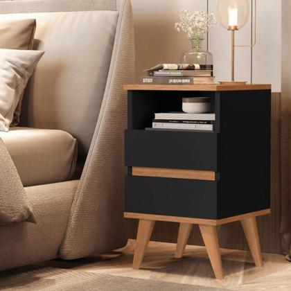 Imagem de Kit 2 Mesas de Cabeceira Quarto Apoio Lateral Cama Box Casal Estilo Decoração Retrô Pop 2 Gavetas - Preto/Nature