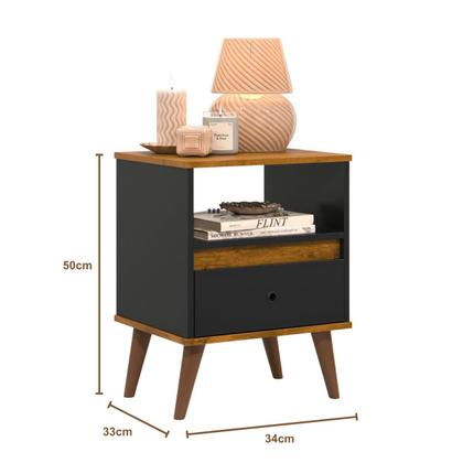 Imagem de Kit 2 Mesas de Cabeceira Quarto Apoio Lateral Cama Box Casal Estilo Decoração Retrô Ted 1 Gaveta - Preto/Nature