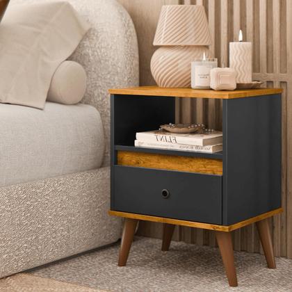 Imagem de Kit 2 Mesas de Cabeceira Quarto Apoio Lateral Cama Box Casal Estilo Decoração Retrô Ted 1 Gaveta - Preto/Nature