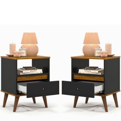 Imagem de Kit 2 Mesas de Cabeceira Quarto Apoio Lateral Cama Box Casal Estilo Decoração Retrô Ted 1 Gaveta - Preto/Nature