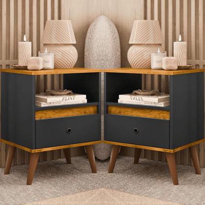 Imagem de Kit 2 Mesas de Cabeceira Quarto Apoio Lateral Cama Box Casal Estilo Decoração Retrô Ted 1 Gaveta - Preto/Nature