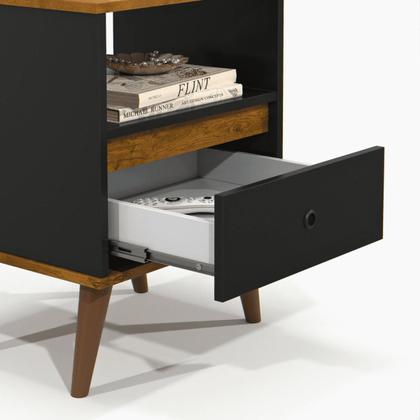 Imagem de Kit 2 Mesas de Cabeceira Quarto Apoio Lateral Cama Box Casal Estilo Decoração Retrô Ted 1 Gaveta - Preto/Nature
