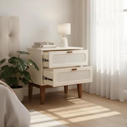 Imagem de Kit 2 Mesas de Cabeceira Retrô 2 Gavetas Santorini 45 Cm com Tela Indiana Off White