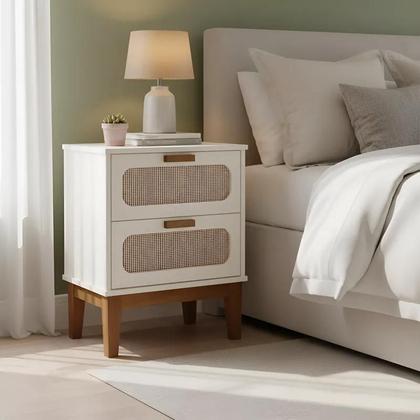Imagem de Kit 2 Mesas de Cabeceira Retrô 2 Gavetas Santorini 45 Cm com Tela Indiana Off White