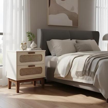 Imagem de Kit 2 Mesas de Cabeceira Retrô 2 Gavetas Santorini 45 Cm com Tela Indiana Off White