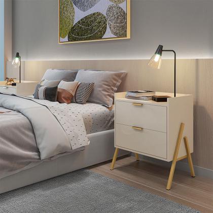 Imagem de Kit 2 Mesas de Cabeceiras Retrô com 2 Gavetas Asher 63cm - Off-white