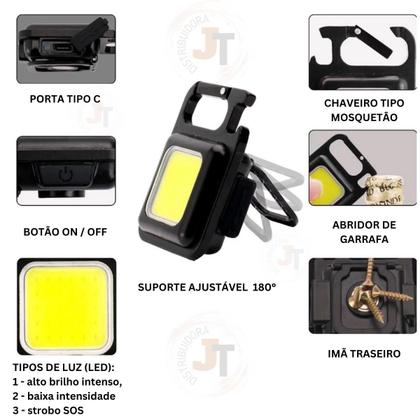 Imagem de Kit 2 Mini Lanterna Led Chaveiro Tática Luz Portátil Usb Cob Multifuncional Luz Recarregável Holofote Camping Mosquetão