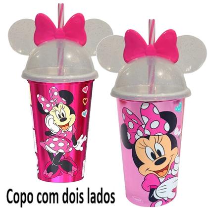 Imagem de Kit 2 Minnie Rosa Copo Orelhas Porta Lanche Infantil Escola