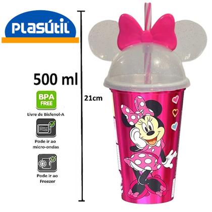Imagem de Kit 2 Minnie Rosa Copo Orelhas Porta Lanche Infantil Escola