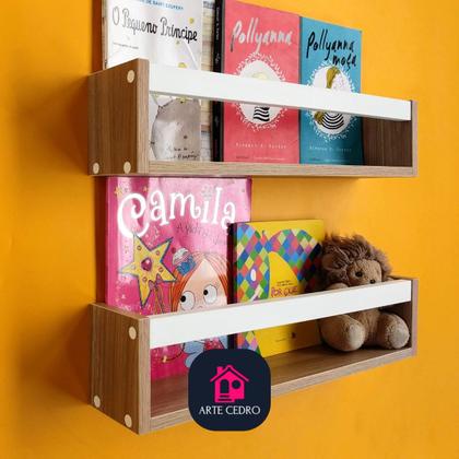 Imagem de Kit 2 Nichos Porta Livros Infantis Prateleira Organizadora de Bonecos Estante de Brinquedos Ripa Mdf madeira 55 cm