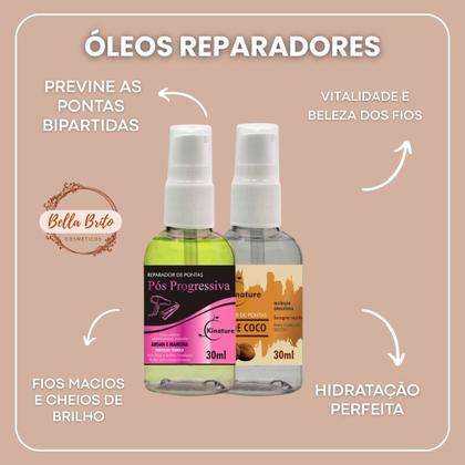 Imagem de Kit 2 óleos reparadores com óleo pós progressiva e óleo de coco para hidratação, nutrição e brilho
