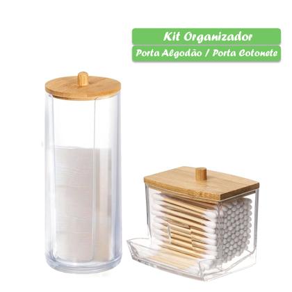 Imagem de Kit 2 Organizadores Banheiro Porta Cotonete Algodão Suporte Armazenamento Higiene Tampa De Bambu