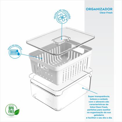 Imagem de Kit 2 Organizadores Geladeira 2,2 Litros OU Alimentos Vegetais Com Tampa Cesto Drenável Removível Válvula Ventilação