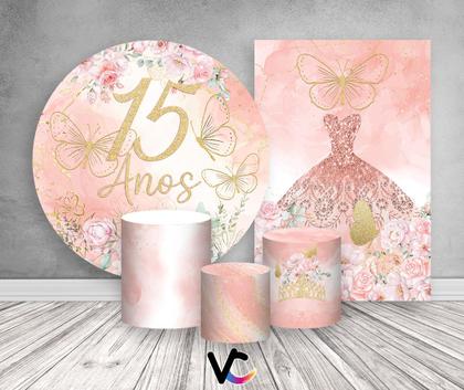 Imagem de Kit 2 Painéis De Festa + Trio De Capas Cilindro - 15 Anos Flores E Borboletas 091