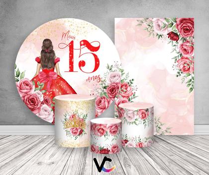 Imagem de Kit 2 Painéis De Festa + Trio De Capas Cilindro - 15 Anos Princesa Vermelho 054