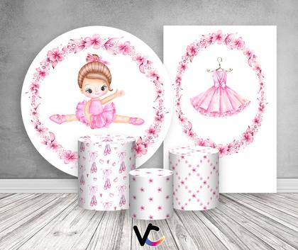 Imagem de Kit 2 Painéis De Festa + Trio De Capas Cilindro - Bailarina Tutu Rosa Floral 002