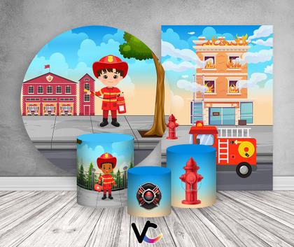 Imagem de Kit 2 Painéis De Festa + Trio De Capas Cilindro - Bombeiro Cute Cidade 002