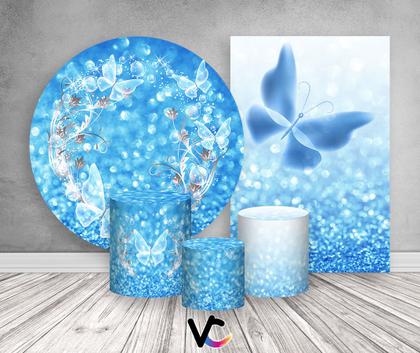 Imagem de Kit 2 Painéis De Festa + Trio De Capas Cilindro - Borboleta Brilhante Efeito Glitter Azul 009